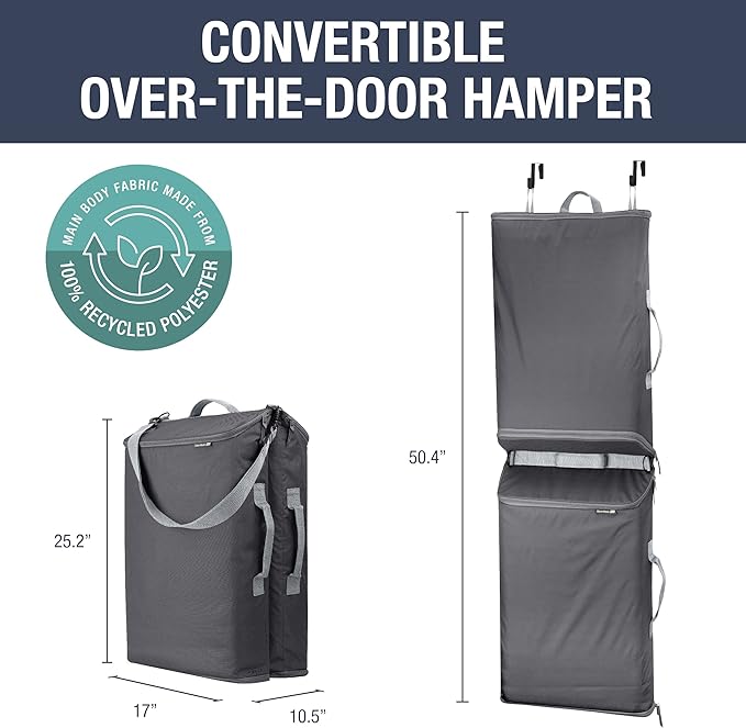 CleverMade Convertible Laundry Hamper Bag - Shadow Gray Stone holds 43L / 40 lbs 2 Compartments - Storage with Handles for Home Organization