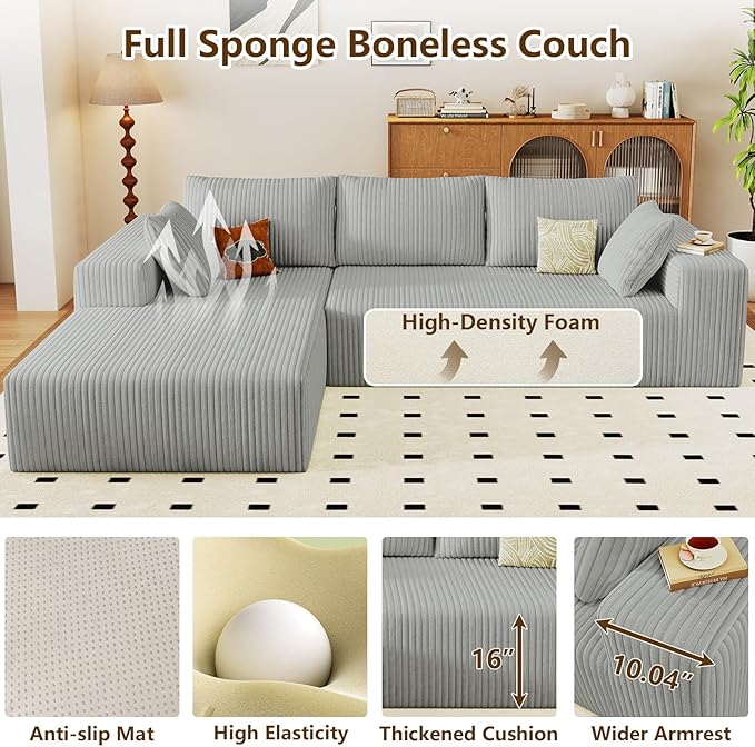 96" Modular Sectional Couch, Boneless L Shaped Cloud Sofa with Chaise Lounge, Corduroy Upholstered Couches Memory Foam Deep Seat, No Assembly Required, Ideal for Living Room(Light Gray, Left Facing)