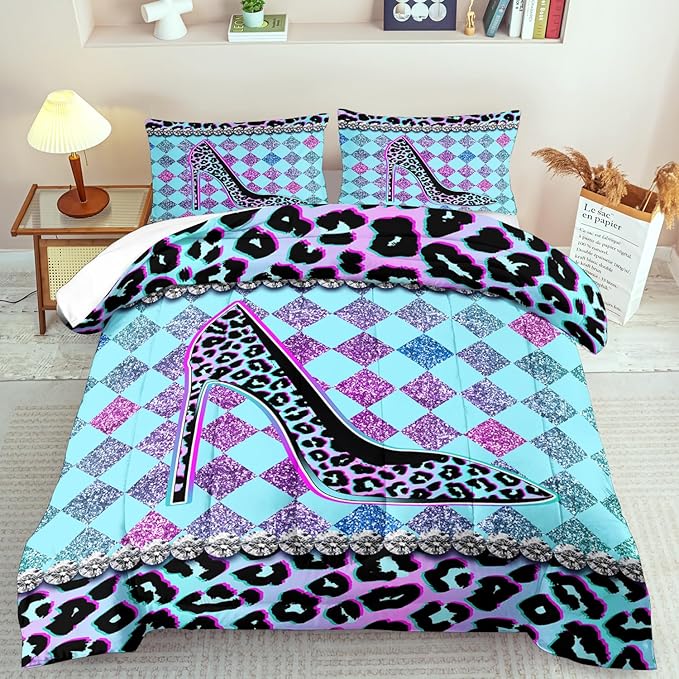 Rainbow Cheetah Print Comforter Set King Girls Sexy High Heels Leopard Print Bedding Set Women High Heels Leopard Comforter Quilt Bedroom Decor Animal Cheetah Bedding Bed Decor