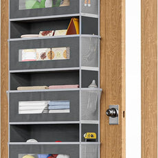 5-Tier Over The Door Storage Organizer with 10 Side Mesh Pockets, 48 lbs Load Capacity, 3 Hooks Design, Door Hanging Organizer with Clear Windows for Bathroom, Bedroom, Nursery, Kitchen-Grey