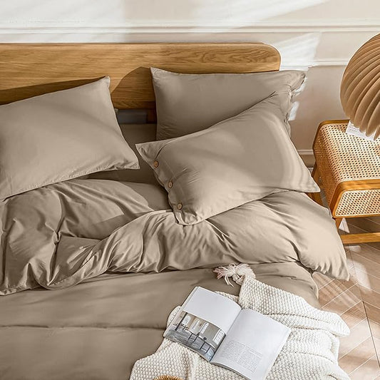 JELLYMONI Cotton Duvet Cover King Size - Khaki Comforter Cover with Button 100% Washed Cotton 3PCS Breathable Soft Solid Bedding Set Duvet Cover 104×90in & 2 Pillowcases (NO Comforter)