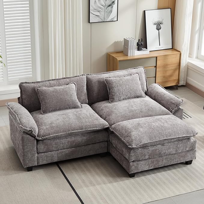 86" Modular Sectional Sofa, Comfy Cloud Couch Sectional Sofa with Ottoman, Chenille Sofa Sleeper Deep Seat Sofa with Throw Pillows for Living Room (Light Gray, 86"- L Shape)