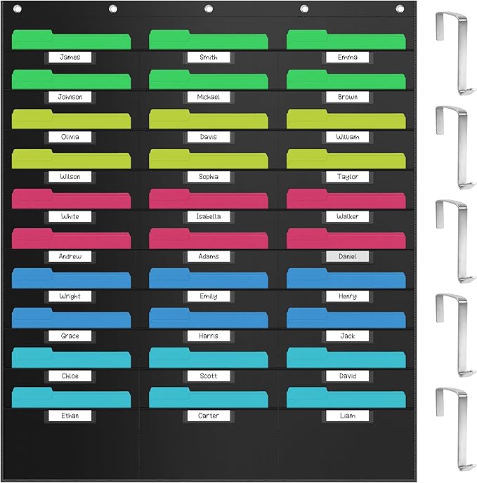 ZKOO 30 Pockets Hanging Wall File Organizer, Heavy Duty Wall Pocket File Holder for A4 Size Paper/Legal/ Letter Size Document, for Classroom, Office, Home Use with 5 Hangers, 30 Tags Pocket