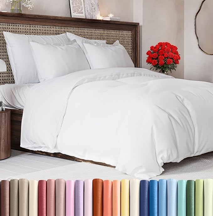 Duvet Cover Oversized Queen Size Set - Extra Soft Duvet Cover 98 x 98 with 2 Pillow Sham - Hotel Luxury, Easy Care & Fade Free with Zipper Closures & Ties - Comfy, Cozy Breathable Bedding Set (White)