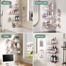 Veken Large Capacity Shower Caddy 6-Pack, No Drilling & Rustproof, Adhesive Shower Shelves with Soap Holder, Bathroom Organizers and Storage, Wall-Mounted Kitchen & Home Decor, Pink