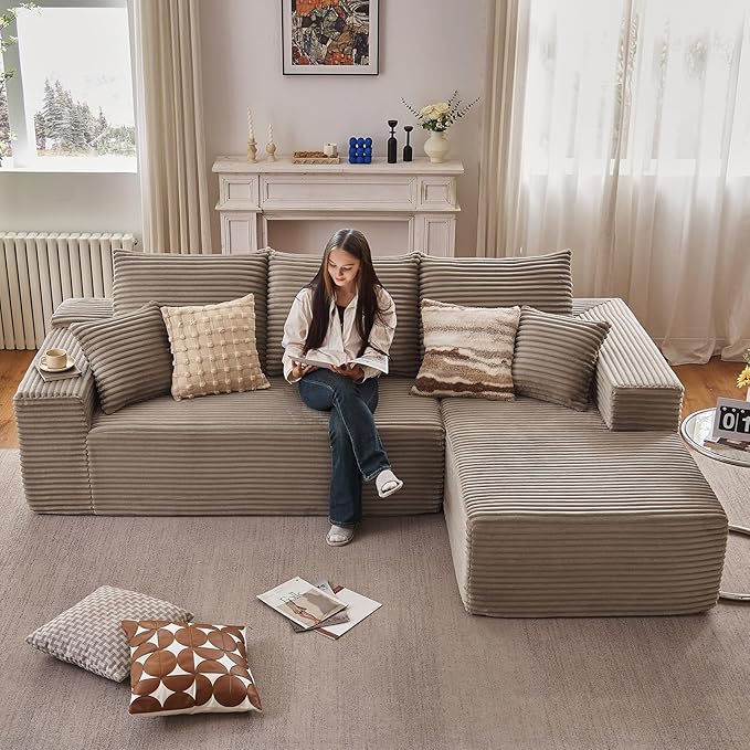 107" Cloud Sectional Couch with L-Shape Chaise, Modern Modular Comfy Sofa Chaise Longue, Upholstered Corduroy Couches Sleeper with Deep Seat for Living Room Bedroom, No Assembly Required, Camel