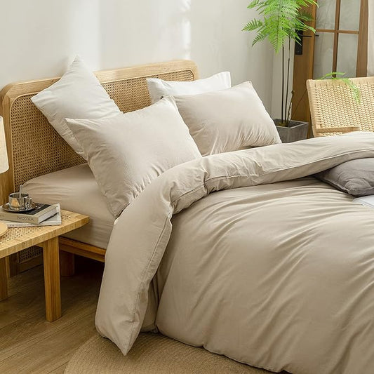 BESTOUCH Duvet Cover Set 100% Washed Cotton Linen Feel Super Soft Comfortable Chic Lightweight 3 PCs Home Bedding Set Solid Almond Milk Grey Super Queen