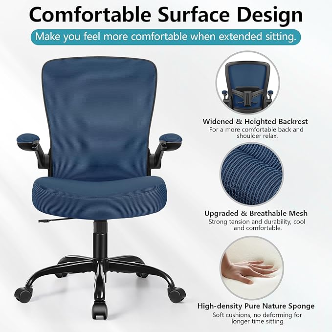 FelixKing Office Chair, Ergonomic Desk Chair Breathable Mesh Chairs Adjustable High Back Lumbar Support Flip-up Armrests, Executive Rolling Swivel Comfy Computer Chairs Home Office Navy