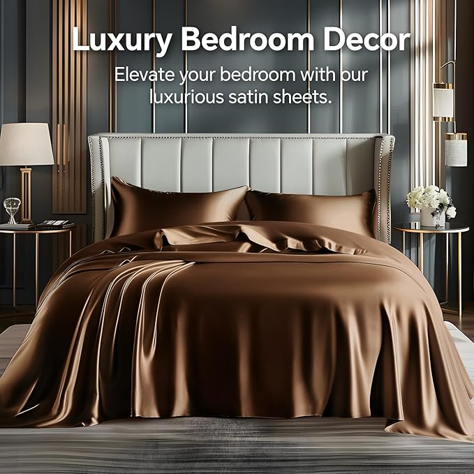 BEDELITE Satin Sheets Queen Size Bed Set, Luxury Soft Brown Silky Sheets for Hair and Skin, Similar to Silk Bed Sheets Set 4 Pieces with 1 Deep Pocket Fitted Sheet, 1 Flat Sheet, and 2 Pillowcases