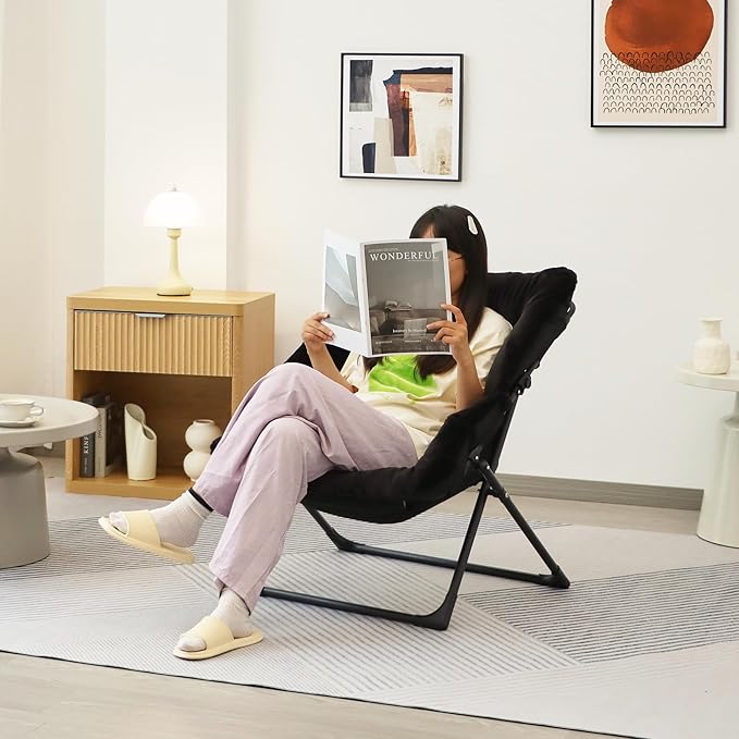 Comfy Saucer Chair for Adults, Soft Faux Fur Bedroom Chair, Accent Dorm Chairs, Flexible Living Room Reading Chairs, Oversized Folding Lounge Seat for Teens, X-Large, Black