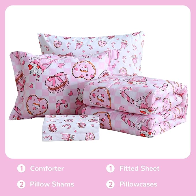 Viviland Kids Full Bedding Sets for Girls, Soft Full Comforter Set with Sheets, 7 Pieces Microfiber Bed in a Bag, Pink Dessert Cake