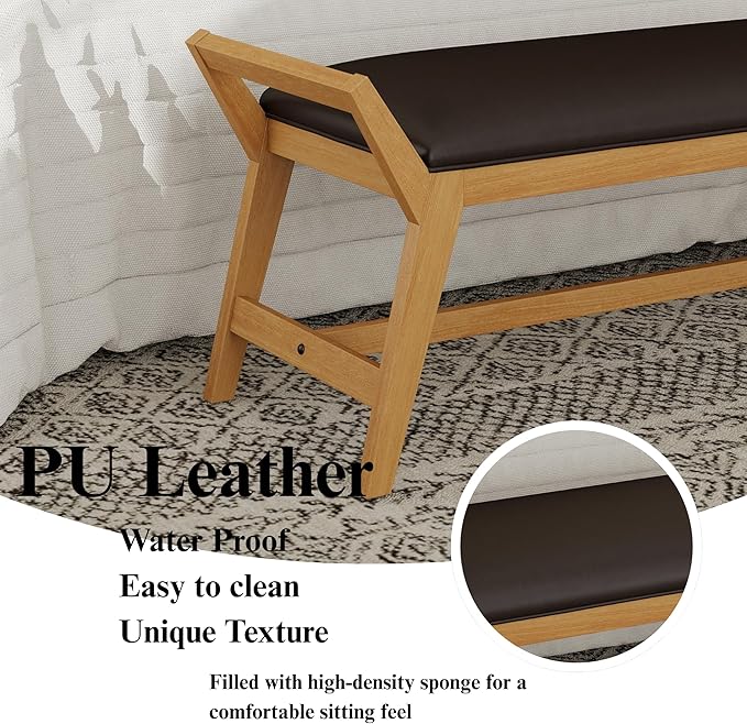 51" End of Bed Bench, Entryway Bench with Solid Wood Frame Fabric Ottoman Bench for Bedroom/Entry/Living Room, PU Leather Brown