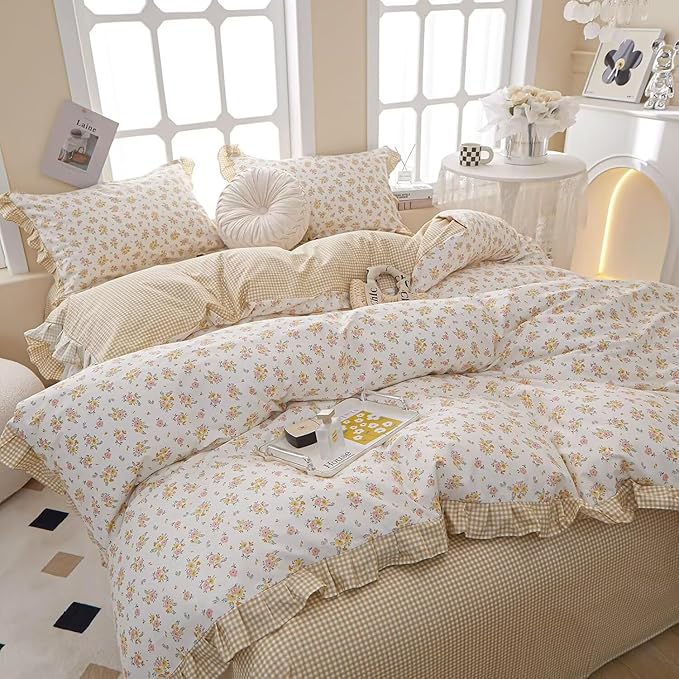 MKXI Queen Size Pink & Yellow Floral Ruffled Comforter Set - 3 Piece Cottagecore Style Reversible Bed Set with Beige Plaid Pattern, Soft Aesthetic Bedding Set for Girls Wome