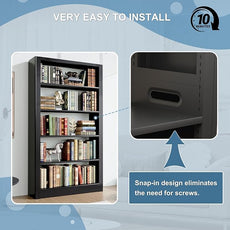 Metal Bookshelf, 5 Tier Black Bookcase with Adjustable Storage Shelves, 69