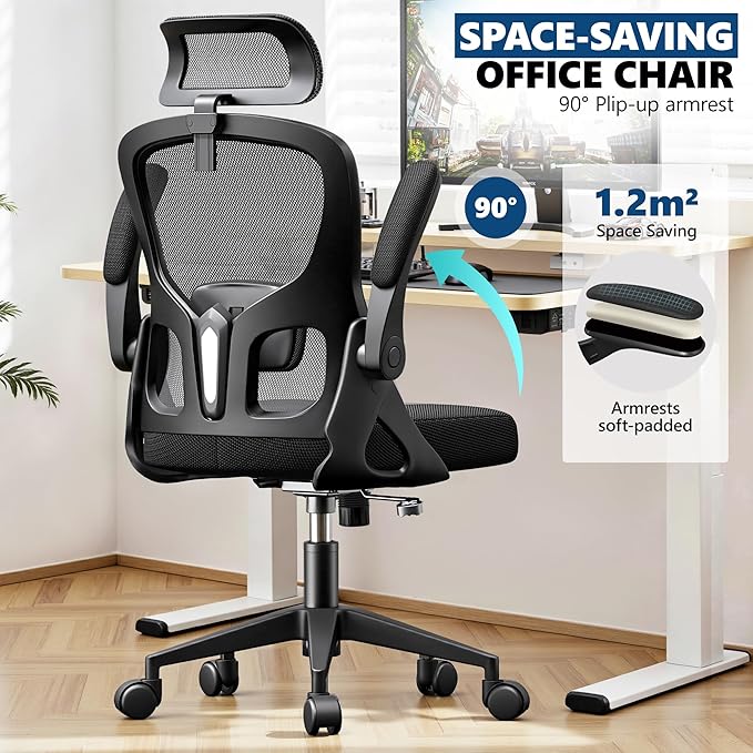 Ergonomic Office Chair - High Back Mesh Computer Desk Chair with Adjustable Lumbar Support & Headrest, Flip-Up Armrests, Tilt Function - Perfect for Gaming, Work, and Study -Black