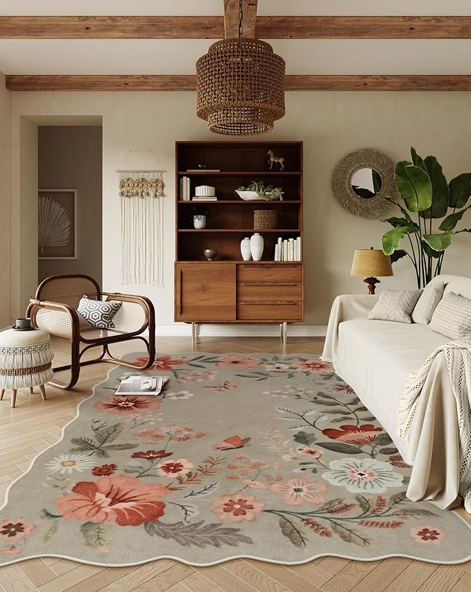 Lahome Floral Washable Rugs for Living Room, 5x7 Area Rugs Soft Non-Slip Stain Resistant Boho Low-Pile Throw Large Carpet for ‎Bedroom Dining Room Office, Brown