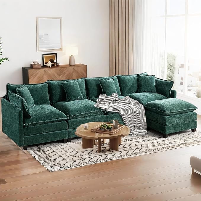 SoarFlash 149.61" Chenille Sectional Sofa, Comfy L Shaped Modular Coush Sofa with Ottoman, Modern 4 Seat Couch Deep Seat Sofa Set for Living Room,Green
