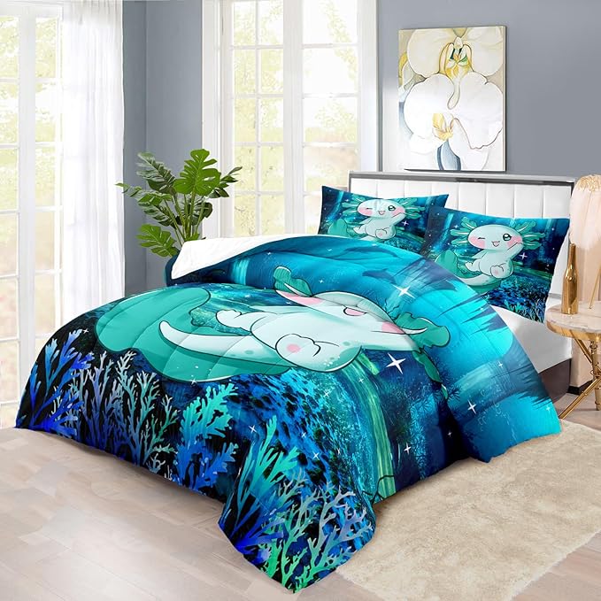 Cute Axolotl Comforter Set Kids Blue Axolotl Bedding Set Boys Girls Queen Size Kawaii Ocean Animal Print Comforter Boys Girls Ocean Sealife Room Decor Blue Fish Quilt Bedding