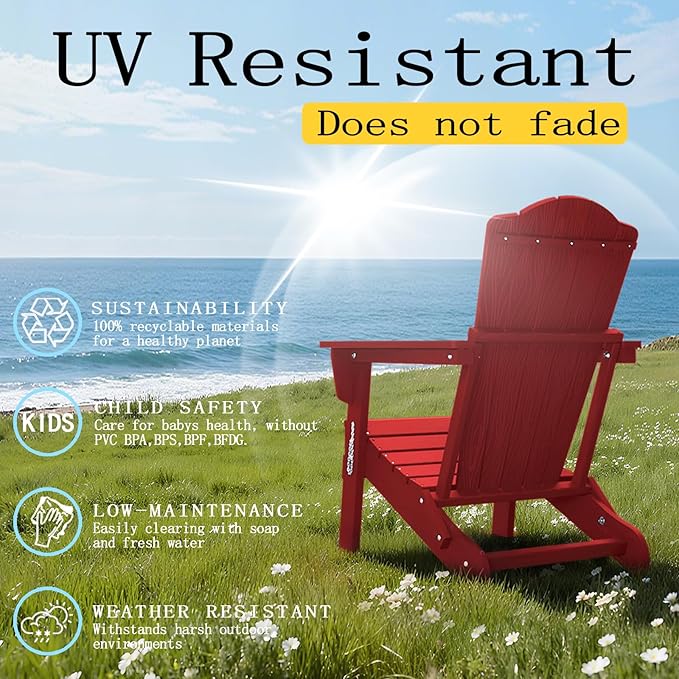 Adirondack Chair Set of 4, Folding All-Weather Outdoor HDPE Patio Chair with Cup Holder, Red