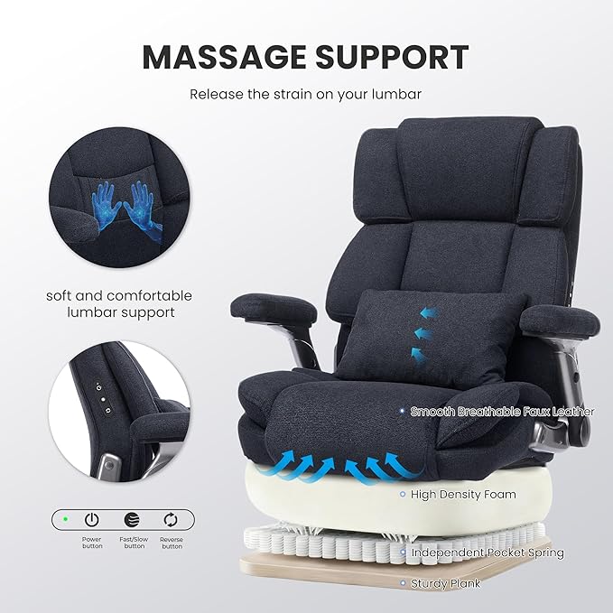 750lbs Heavy Duty Desk Chair with 3D Kneading Massage, Big and Tall Office Chairs with Ergonomic Support, 4D Armrests, 5 Quiet Dual Rubber Wheel, Thick Spring Cushion(Black-Fabric)
