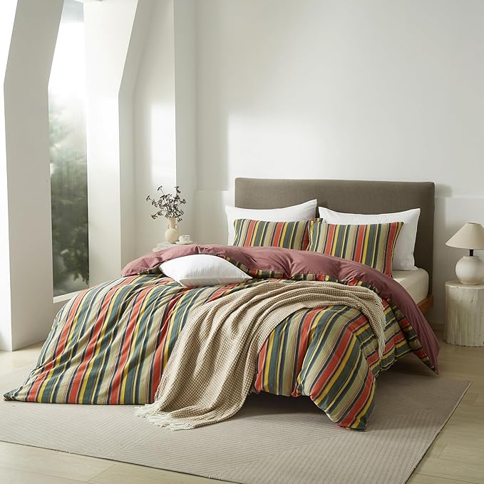 VM VOUGEMARKET Red Green Striped Duvet Cover Full Size Stylish Farmhouse Style Washed Cotton Multi-Color Stripes Bedding Set 1 Duvet Cover with 2 Pillowcases