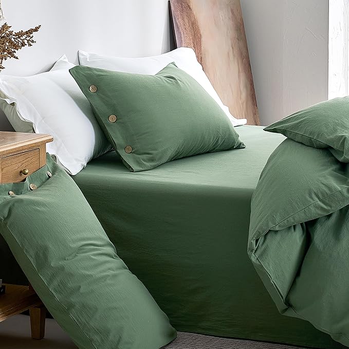 JELLYMONI 100% Washed Cotton Duvet Cover Full – Soft, Breathable Linen-Look Bedding with Natural Wrinkle Texture, Button Closure, 3-Piece Set (Dusty Green, 80"x90")