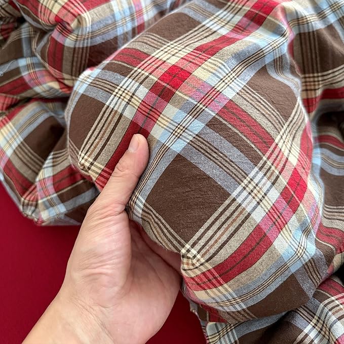VM VOUGEMARKET Buffalo Gingham Duvet Cover Set Queen,3 Pieces Washed Cotton Bedding Set,Breathable Luxury Plaid Duvet Cover with Zipper Closure for Christmas (Red&Brown)