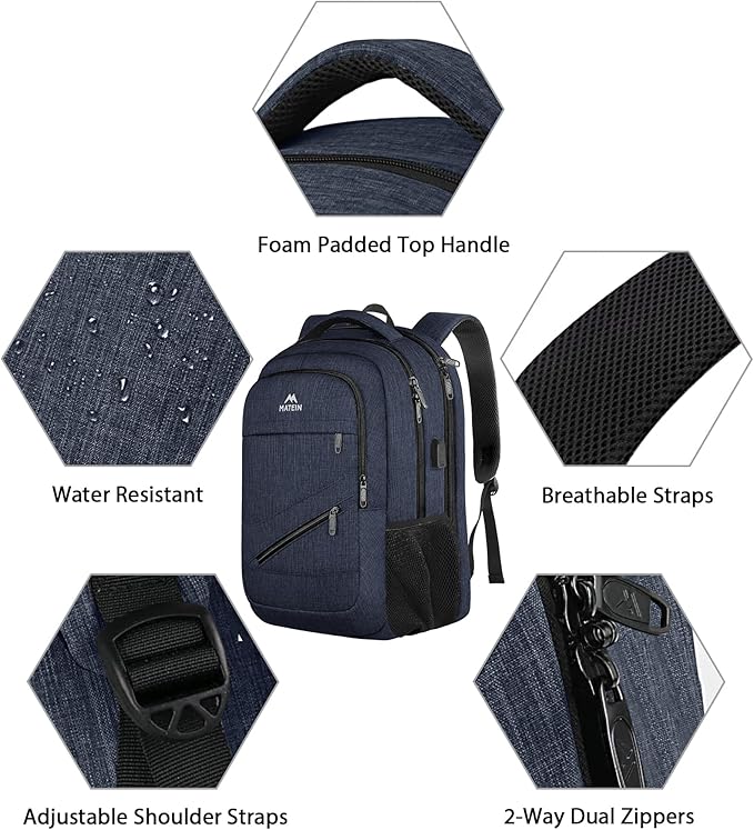 MATEIN 17 Inch Laptop Backpack, Large Work Backpack Travel Carry On TSA Approved with Trolley Sleeve, College Computer Bag with USB Charging Port, Water Resistant Commute Daypack for Men, Dark Blue