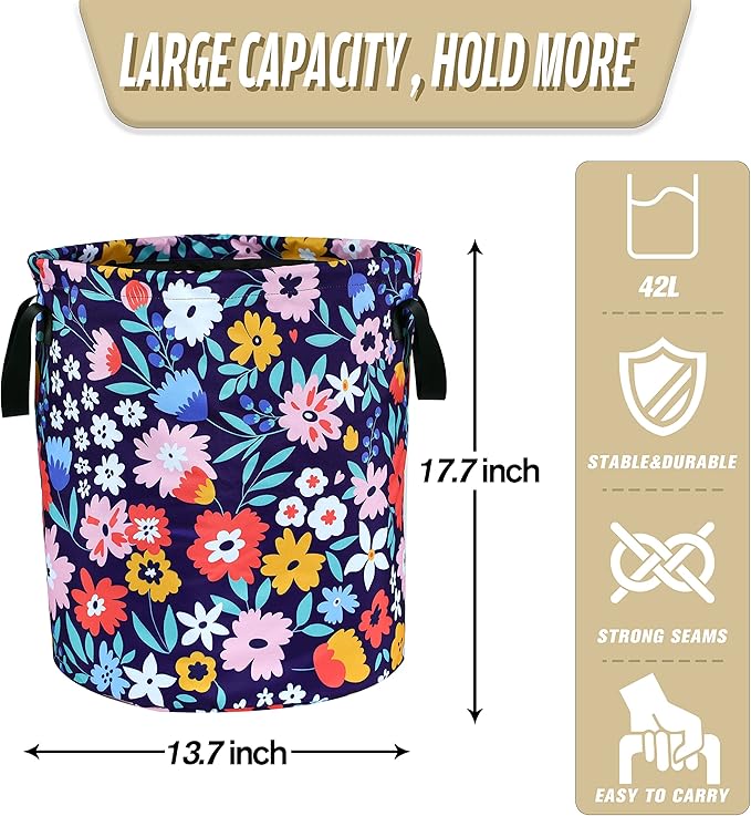 Folk Floral Art Laundry Basket Beautiful Flowers Foldable Oxford Cloth Funny Tote Bag Laundry Hamper Clothes Storage Bucket Organizer For Bathroom/Laundry Storage/Bedroom 17.7x13.7 Inch