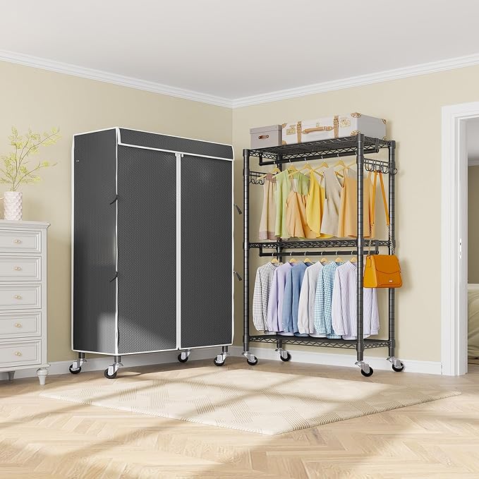 VIPEK R2C Medium Heavy Duty Clothes Rack Rolling Garment Rack with Cover Adjustable Clothing Rack for Hanging Clothes Portable Closets with Double Rods, Black Rack with Black Upgarded Polyester Cover