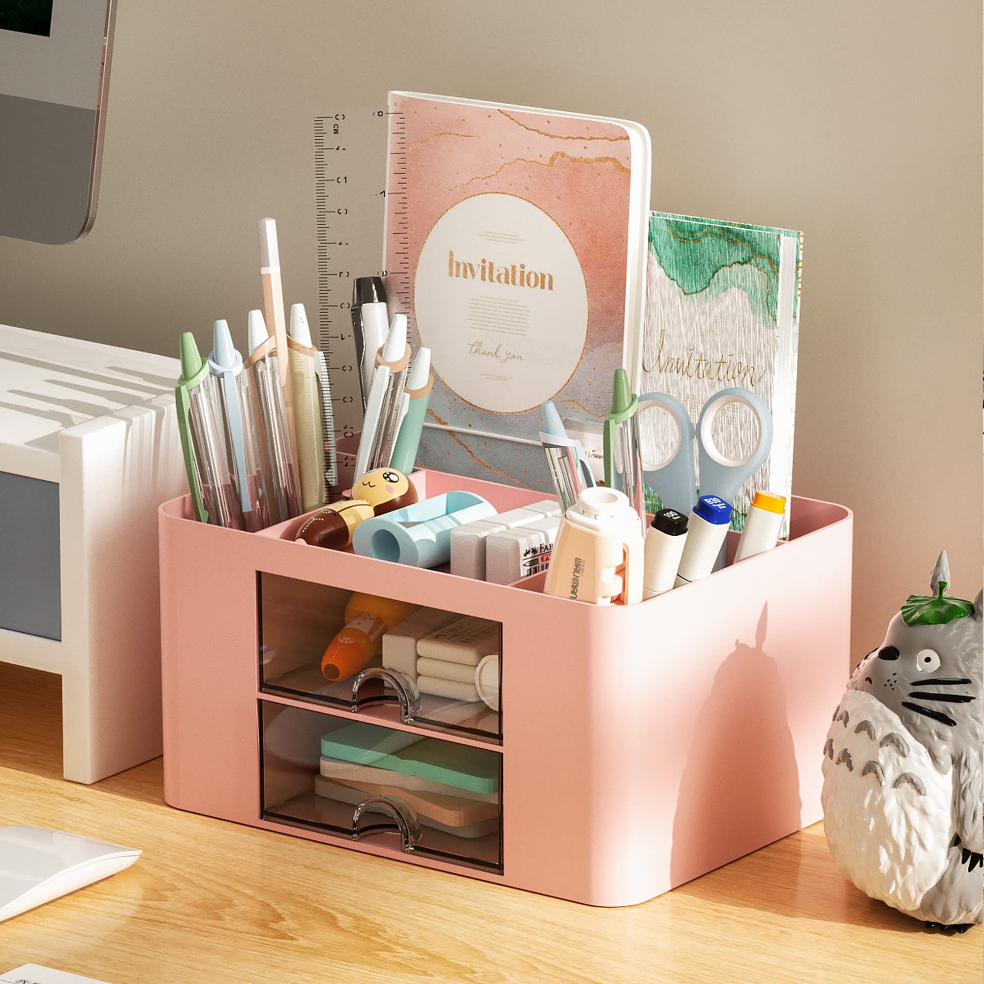 Marbrasse Pen Organizer with 2 Drawer, Multi-Functional Pencil Holder for Desk, Desk Organizers and Accessories with 5 Compartments + Drawer for Office Art Supplies (Blue) Dormly