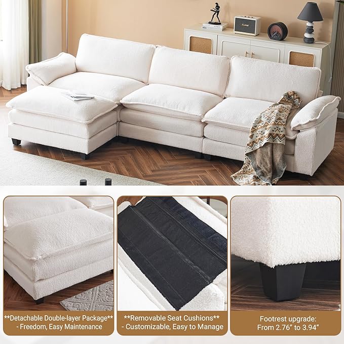 VINGLI 122" Cloud Teddy White Convertible Sectional Sofa, Comfy L-Shape Extra Deep Seat Sofa Couch for Living Room,Modern Chenille 3-Seat Convertible Sofa with Movable Ottoman for Small Space