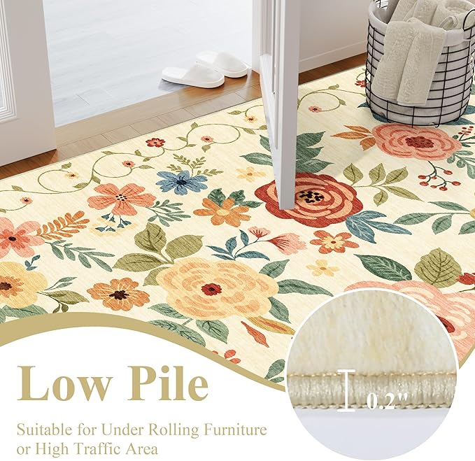 DUKINO 9x12 Area Rug, Floral Rugs for Living Room, Lightweight Non Slip Washable Rug, Indoor Low Pile & Non-Shedding Boho Design Rugs for Bedroom, Living Room, Dining Room, Beige Yellow