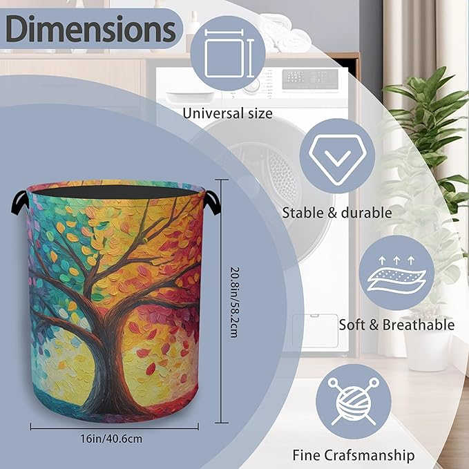 Tree of Life Laundry Basket,Oxford Cloth Laundry Hamper with Handle Foldable Portable Clothes Storage Basket for Bathroom Bedroom Dorm Room 16" x 20.8"