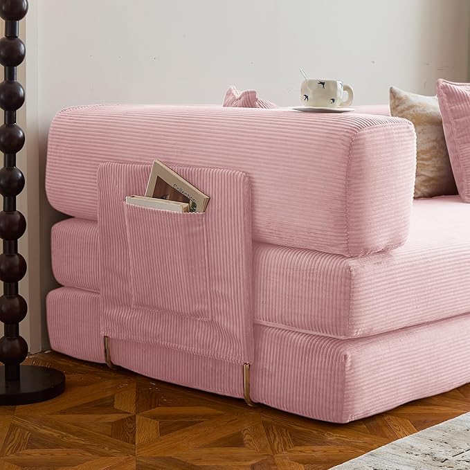 78.8" Convertible Sofa Bed -Compression Sofa with Corduroy Fabric - with Armrests and Backrest - Modular Sectional for Living Room, Bedroom, Studio - Compression Sofa in Box(Pink)