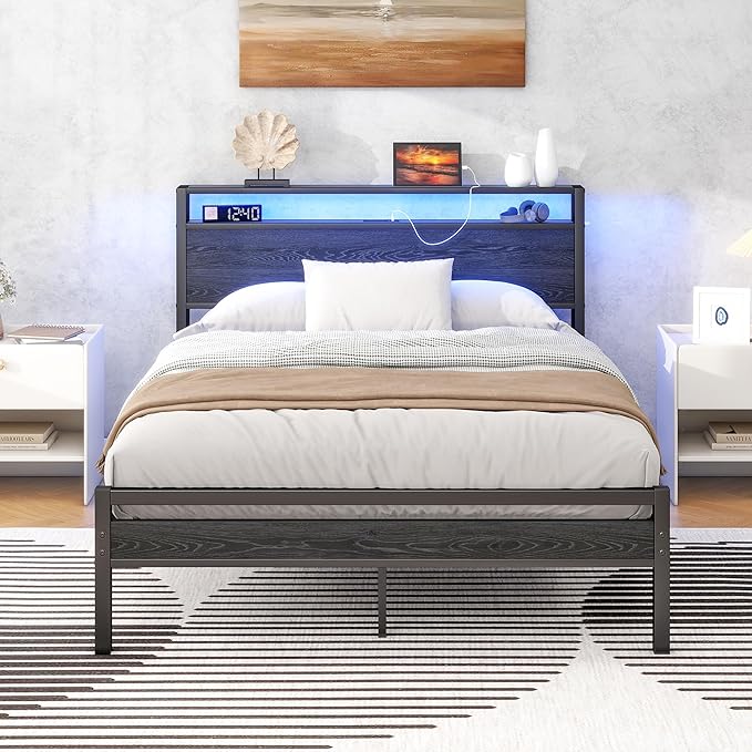 HOJINLINERO Full Size Bed Frame with Storage Headboard/LED Lights, Metal Bed Frame with Charging Station, No Box Spring Needed, Heavy Duty Metal Slats Support, Black
