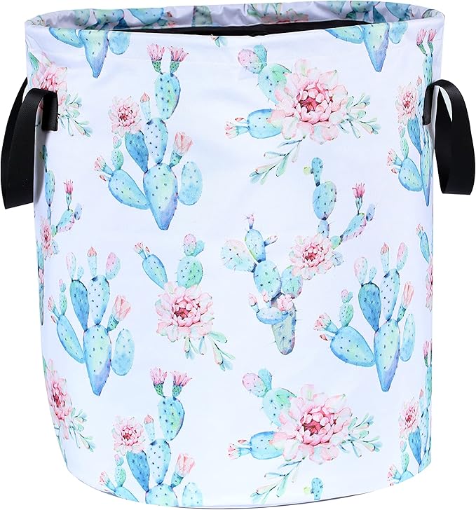 Cactus Flowers Laundry Basket Pink Floral Foldable Oxford Cloth Funny Tote Bag Laundry Hamper Clothes Storage Bucket Organizer For Bathroom/Laundry Storage/Bedroom 17.7x13.7 Inch