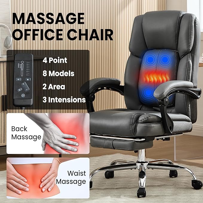 Massage Office Chair with Heat, Desk Chairs Executive with Foot Rest, Reclining Chair Big and Tall for Heavy People,4 Points Vibration 500lbs,Adjustable Lumar Support Grey
