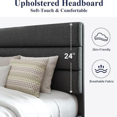 Allewie King Bed Frame Platform Bed with Fabric Upholstered Headboard and Wooden Slats Support, Fully Upholstered Mattress Foundation/No Box Spring Needed/Easy Assembly, Dark Grey