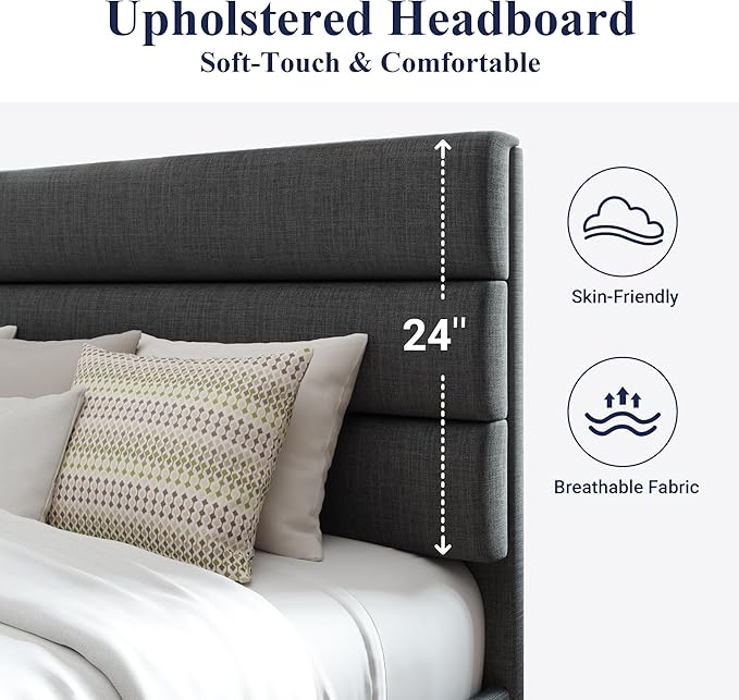 Allewie King Bed Frame Platform Bed with Fabric Upholstered Headboard and Wooden Slats Support, Fully Upholstered Mattress Foundation/No Box Spring Needed/Easy Assembly, Dark Grey