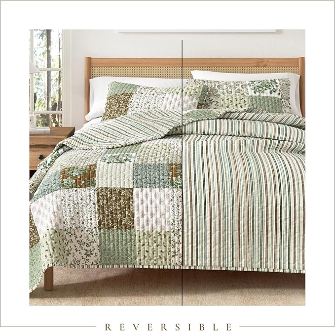 Great Bay Home 2-Piece Twin/Twin XL Microfiber Quilt Set with Shams - Patchwork Floral Reversible Design - Lightweight, All-Season, Layerable Bedding Set (Floral Grid - Brown)