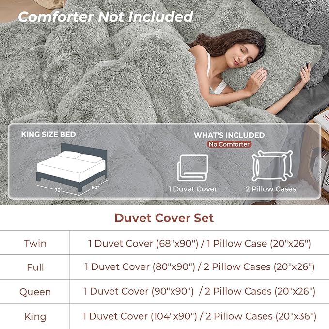 Sasttie 3-Piece Fluffy Duvet Cover King, Ultra Soft Faux Fur and Velvet Light Grey Comforter Cover, Luxury Fuzzy Bedding Sets for Winter Bed, Includes 1 Duvet Cover and 2 Pillowcases, No Comforter