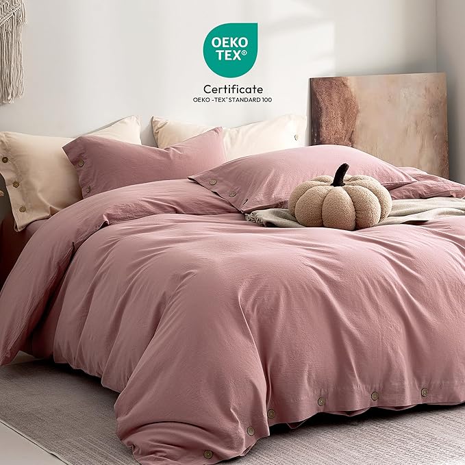 JELLYMONI 100% Washed Cotton Duvet Cover Full – Soft, Breathable Linen-Look Bedding with Natural Wrinkle Texture, Button Closure, 3-Piece Set (Darker Rose, 80"x90")
