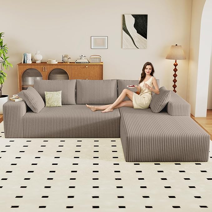 96" Modular Sectional Couch, Boneless L Shaped Cloud Sofa with Chaise Lounge, Corduroy Upholstered Couches Memory Foam Deep Seat, No Assembly Required, Ideal for Living Room(Camel, Right Facing)