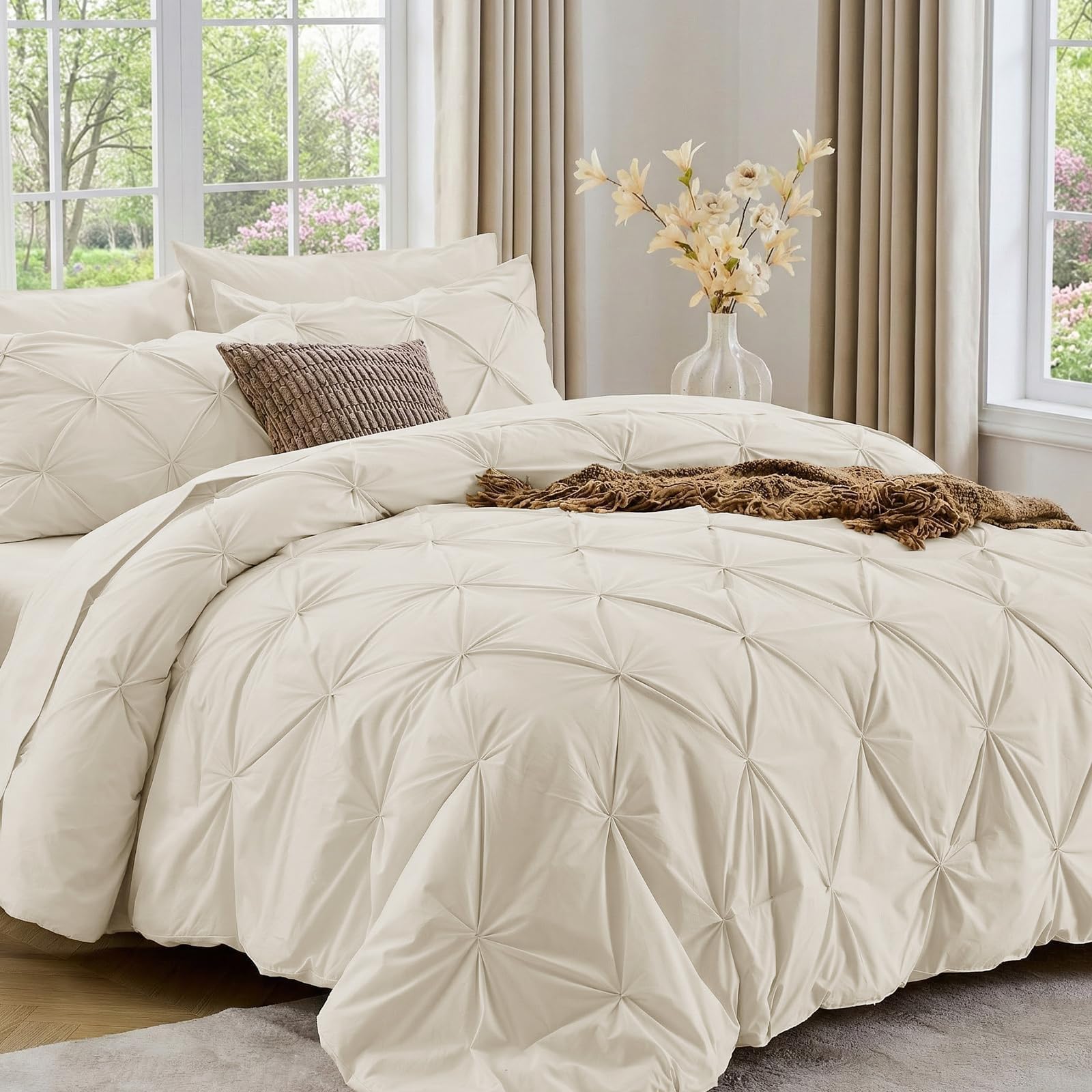 Sasttie Twin XL Comforter Set, 5-Piece Bed in a Bag, Pintuck Bedding Sets for All Season, Includes Comforter, Flat Sheet, Fitted Sheet, Pillowcase and Pillowsham, Beige