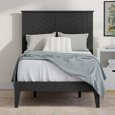 Serene Farmhouse Style Wood Bed in Twin Size with Chevron Scoring Headboard, Coastal Modern Design, Sturdy, Easy Assembly, Ample Underbed Storage, Black Finish
