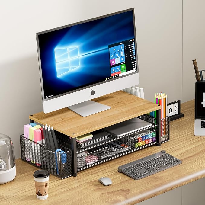 OPNICE Desk Organizers and Accessories, 2-Tier Computer Monitor Stand with Drawer and 2 Pen Holders, Laptop Stand, Office Desk Accessories for Office Supplies, Oak