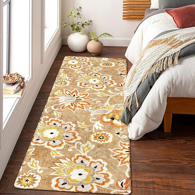 Lahome Floral Runners Rugs for Hallways - 2x6 Washable Non-Slip Kithcen Runner Rug Throw Soft Lightweight Bedroom Rug, Tan Paisley Print Modern Indoor Carpet Runner for Bathroom Laundry Room Entrance
