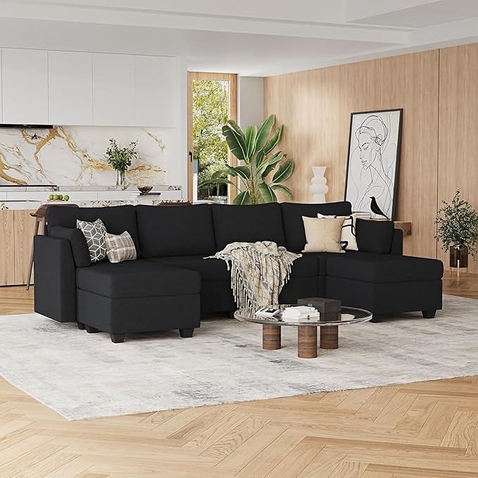 114.17" Modular Sectional Sofa, 6 Seat Sectional Couches with Storage, Memory Foam, Convertible Modular Couch for Living Room, U Shaped Comfy Modular Sofa with Chaise, Black