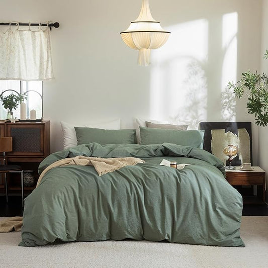 FOSSA Duvet Cover Set 100% Washed Cotton Linen Feel Super Soft Breathable Cozy Simple Style 3 Pieces Bedding Sets Solid Heathered Green Full/Double